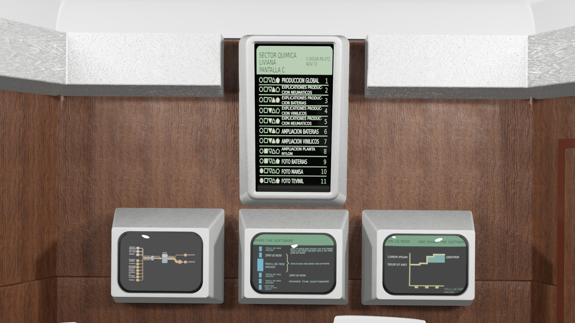 Imagen generada por computadora de la «sala de operaciones» del Proyecto Cybersyn © CC BY-SA 3.0