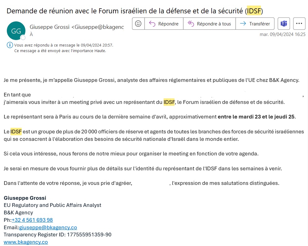 Correo electrónico de contacto de la IDSF enviado a investigadores franceses.