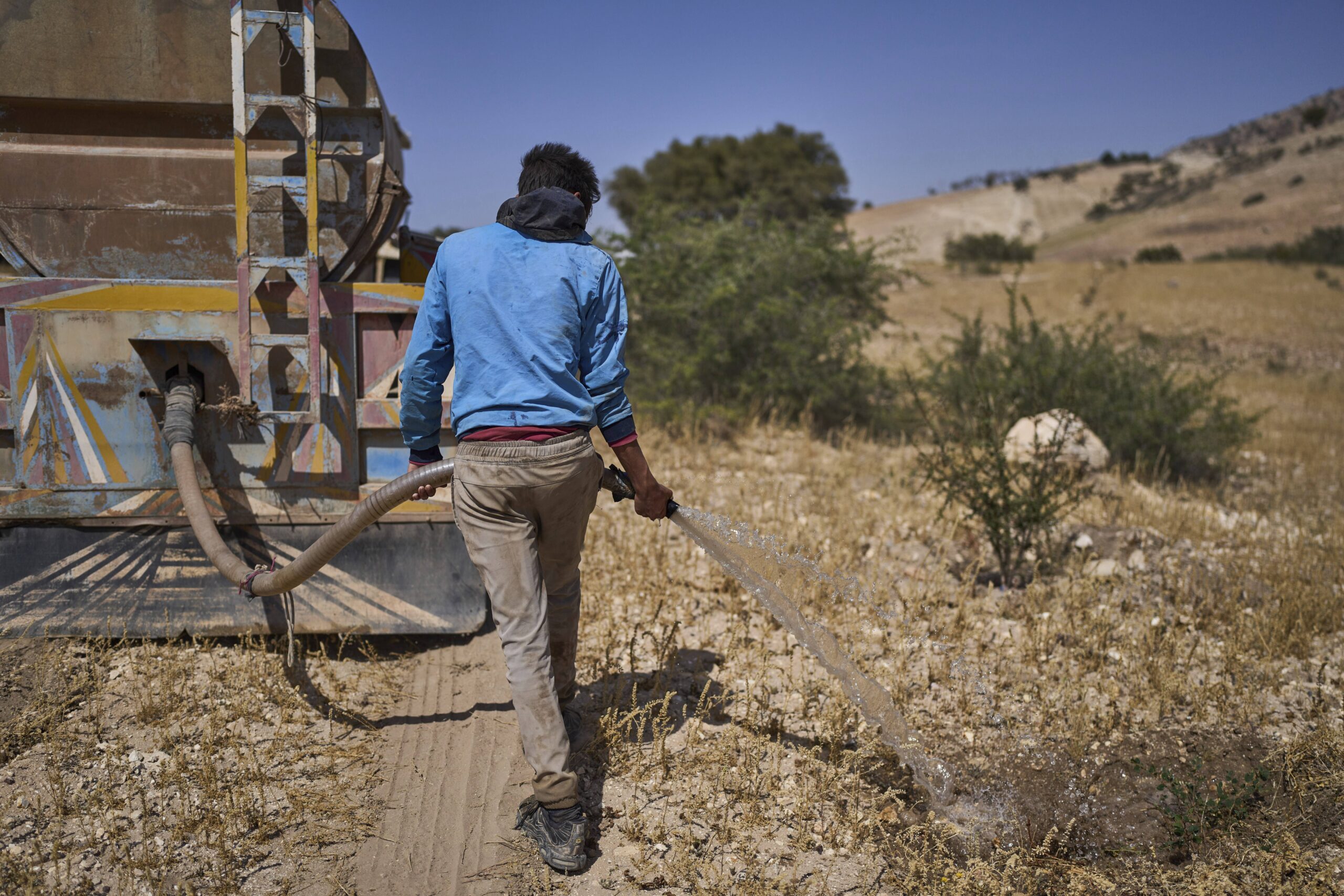 Un empleado de los servicios municipales riega unos árboles de argán recién plantados para combatir la sequía y la deforestación, en Esauira, Marruecos, el jueves 22 de mayo de 2025. © AP Photo/Mosa'ab Elshamy