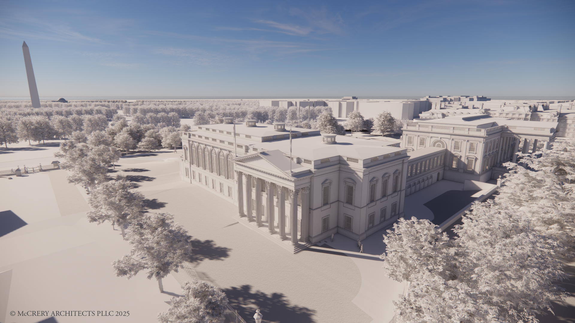Representación del State Ballroom de la Casa Blanca, la ampliación prevista en el ala este de la Casa Blanca, vista aérea con el Monumento a Washington al fondo. © McCrery Architects PLLC, 2025.