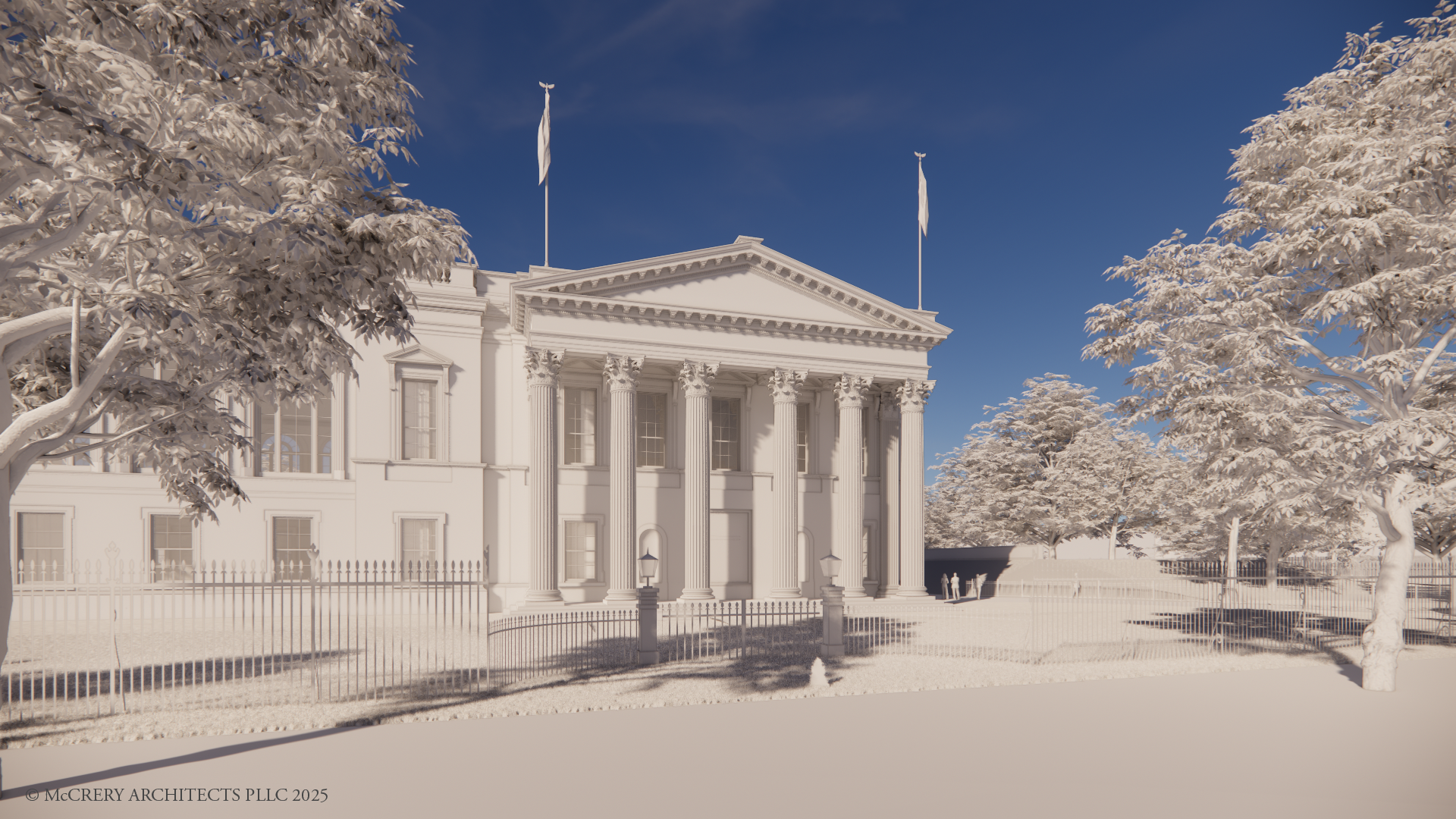 Columnas corintias, frontón, verja de honor: el vocabulario arquitectónico es el del clasicismo ceremonial —el orden más recargado, precisamente el que Washington había descartado al exigir para la residencia presidencial un estilo «sencillo y cuidado» © McCrery Architects PLLC, 2025.