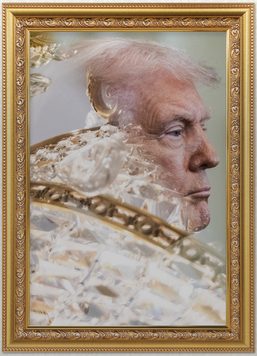 Donald Trump, de perfil, fotografiado a través de los colgantes de una lámpara de cristal de la Casa Blanca. Imagen extraída del reportaje fotográfico del Washington Post sobre la redecoración del Despacho Oval. The Washington Post.