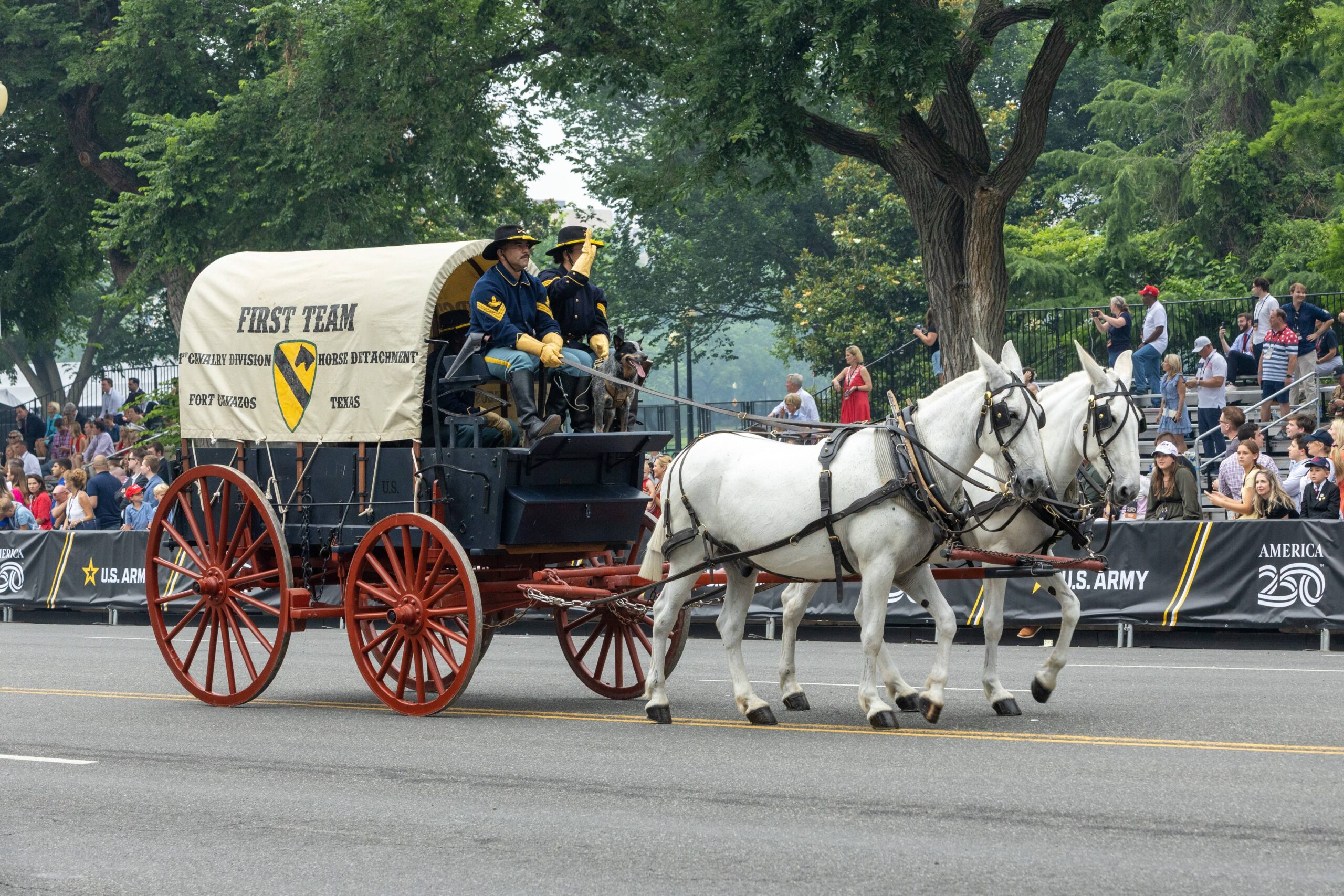 Un carro cubierto de la 1.ª División de Caballería, tirado por dos caballos blancos, recrea la conquista del Oeste ante las tribunas, que cuentan con escasa afluencia de público. Foto: Hu Yousong / Xinhua