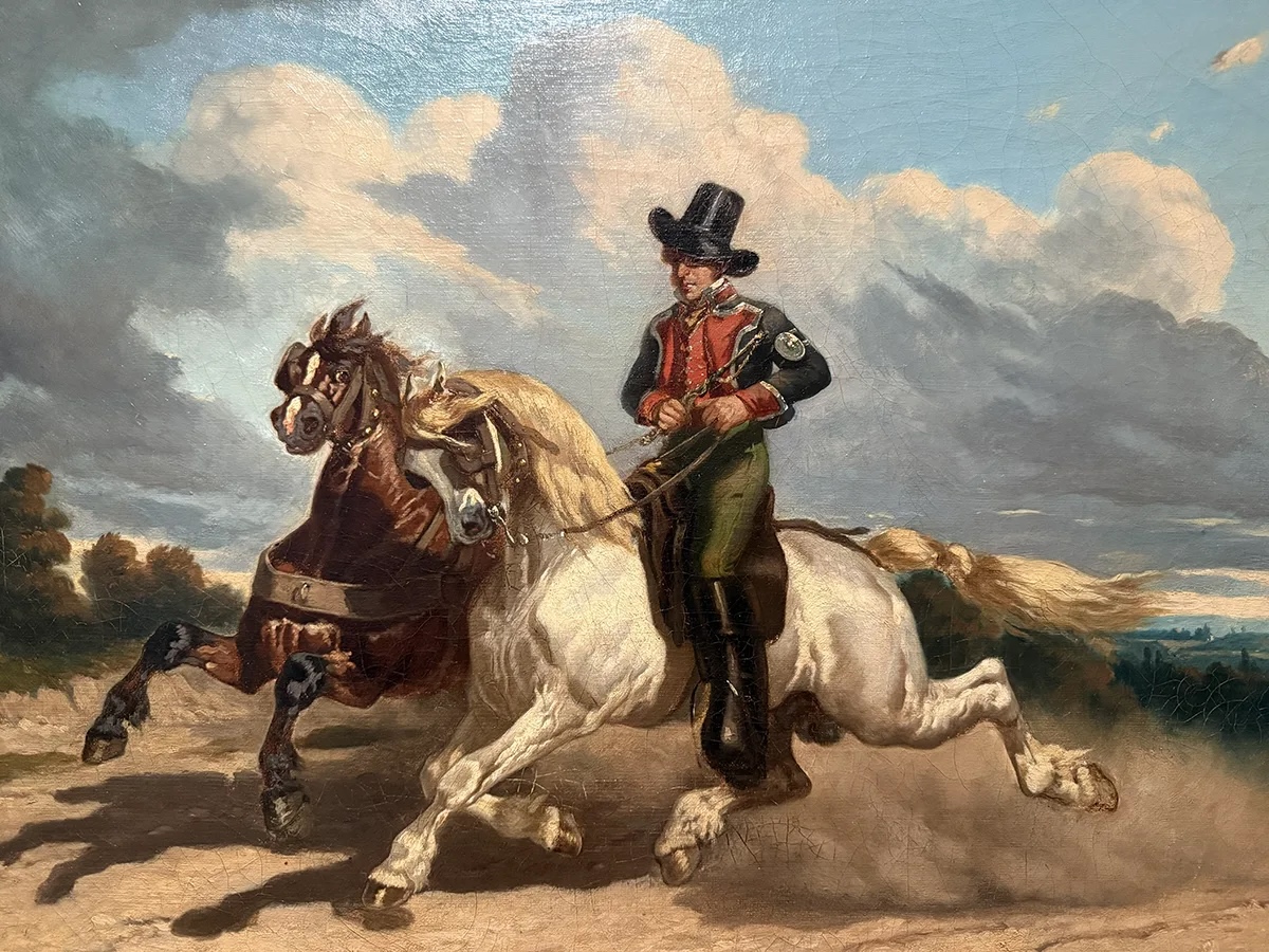 Un postillón que lleva al galope dos caballos hacia una estación de relevo. Cuadro anónimo de la escuela francesa, «Postillón con librea llevando dos caballos al galope», mediados del siglo XIX. © Musée de La Poste