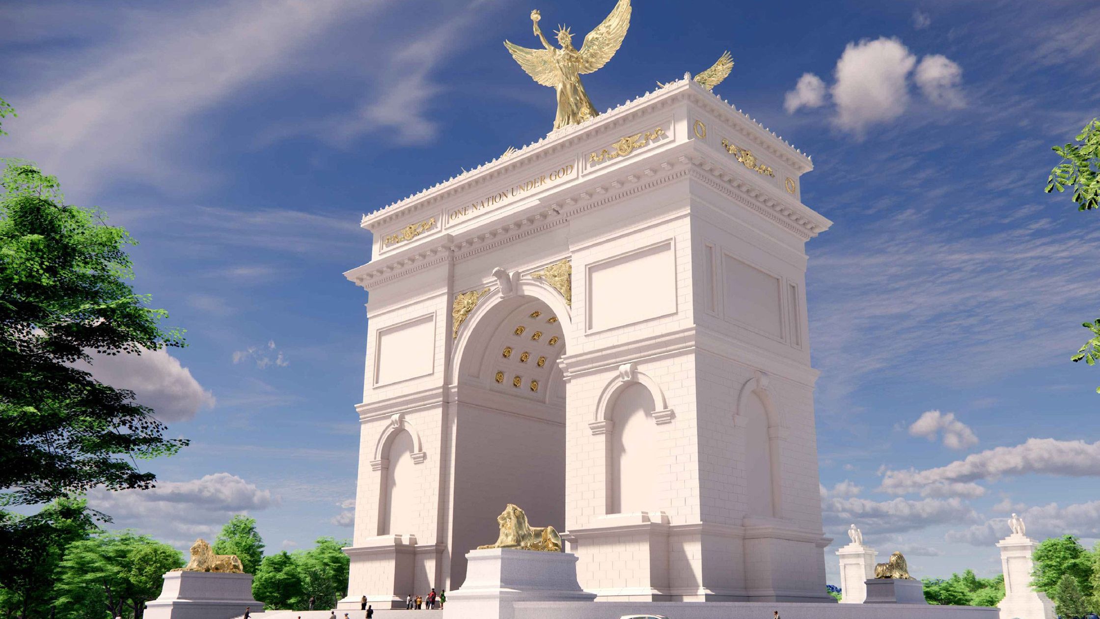 Representación arquitectónica del «Arco de la Independencia» (o Arco de Trump) proyectado en Washington, en la rotonda de Columbia Island. Con una altura de 76 metros, el monumento llevaría la inscripción «One Nation Under God» y una Victoria alada dorada coronada al estilo de la Estatua de la Libertad.