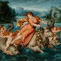 Scène mythologique Jupiter, métamorphose : taureau, Europe, enlèvement, putti, à califourchon, dauphins) Fond de paysage