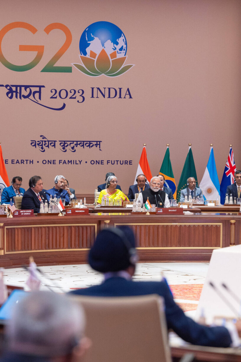 Narendra Modi et des dirigeants du monde entier assistent à la séance de clôture du sommet du G20 à New Delhi le 10 septembre 2023. © UPI/Newscom/SIPA