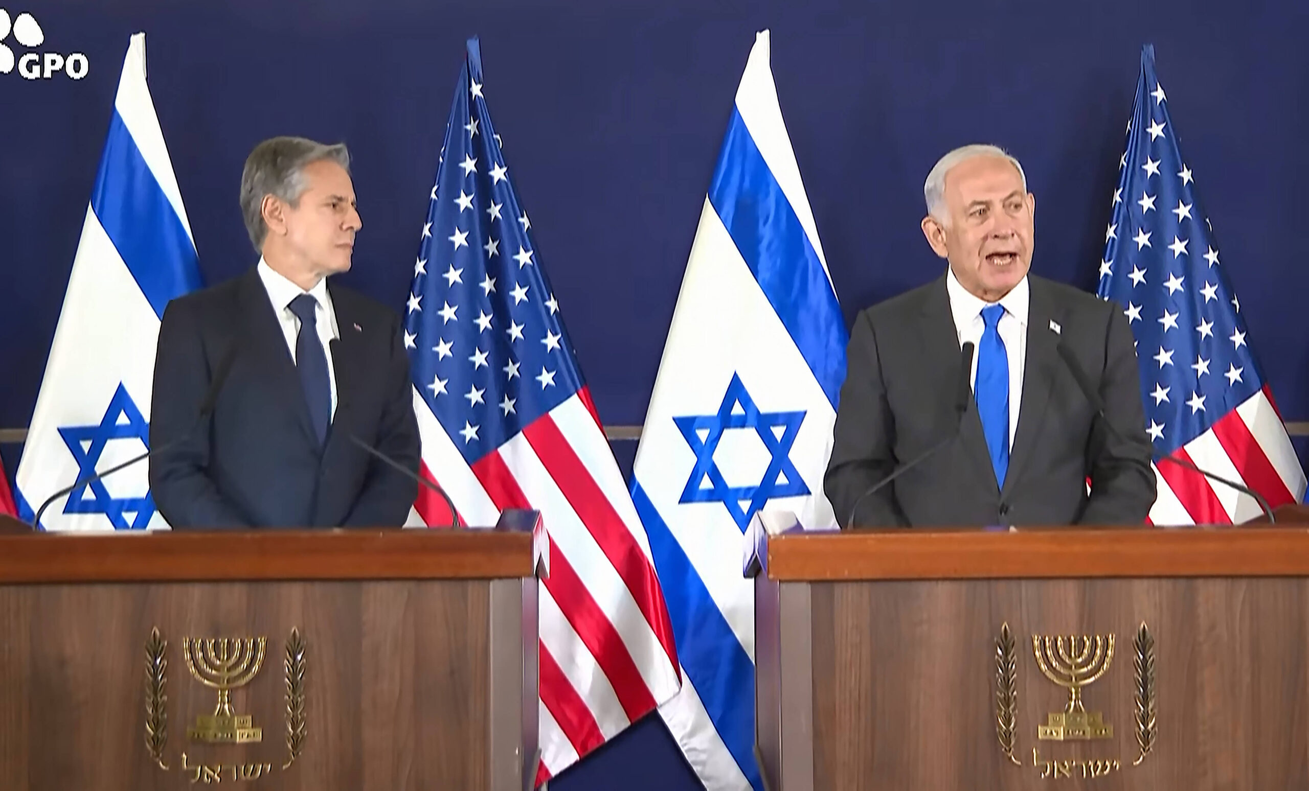 Benyamin Netanyahou et Anthony Blinken s'expriment ensemble. © UPI/Newscom/SIPA