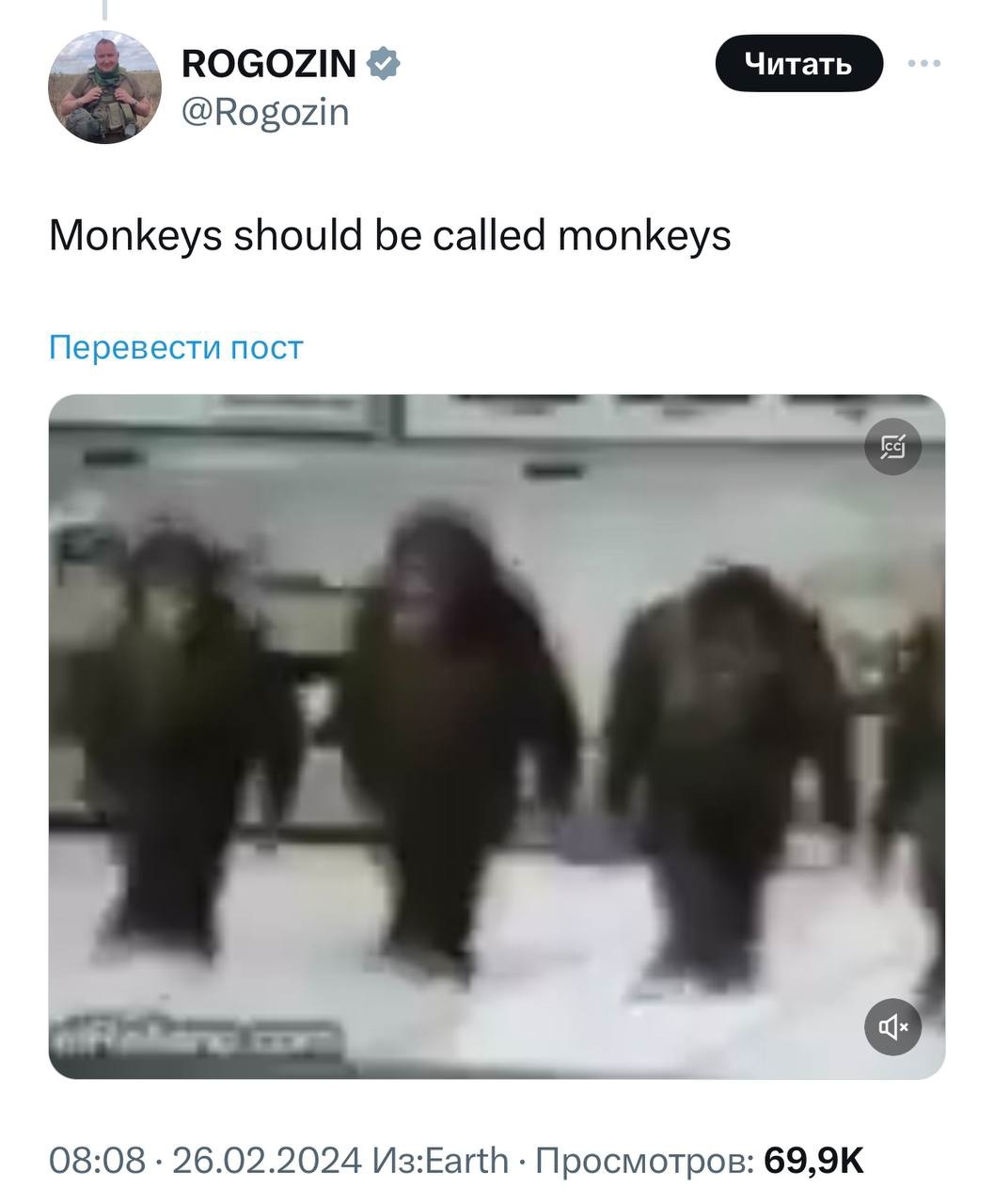 «Il faut appeler un singe un singe.» Un autre tweet raciste signé Rogozine.