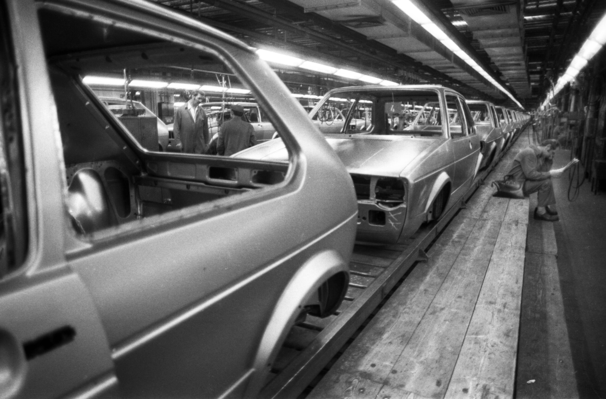 Production de la Golf à l'usine Volkswagen le 10 mai 1979 à Wolfsburg, Allemagne, Europe. © Klaus Rose/SIPA