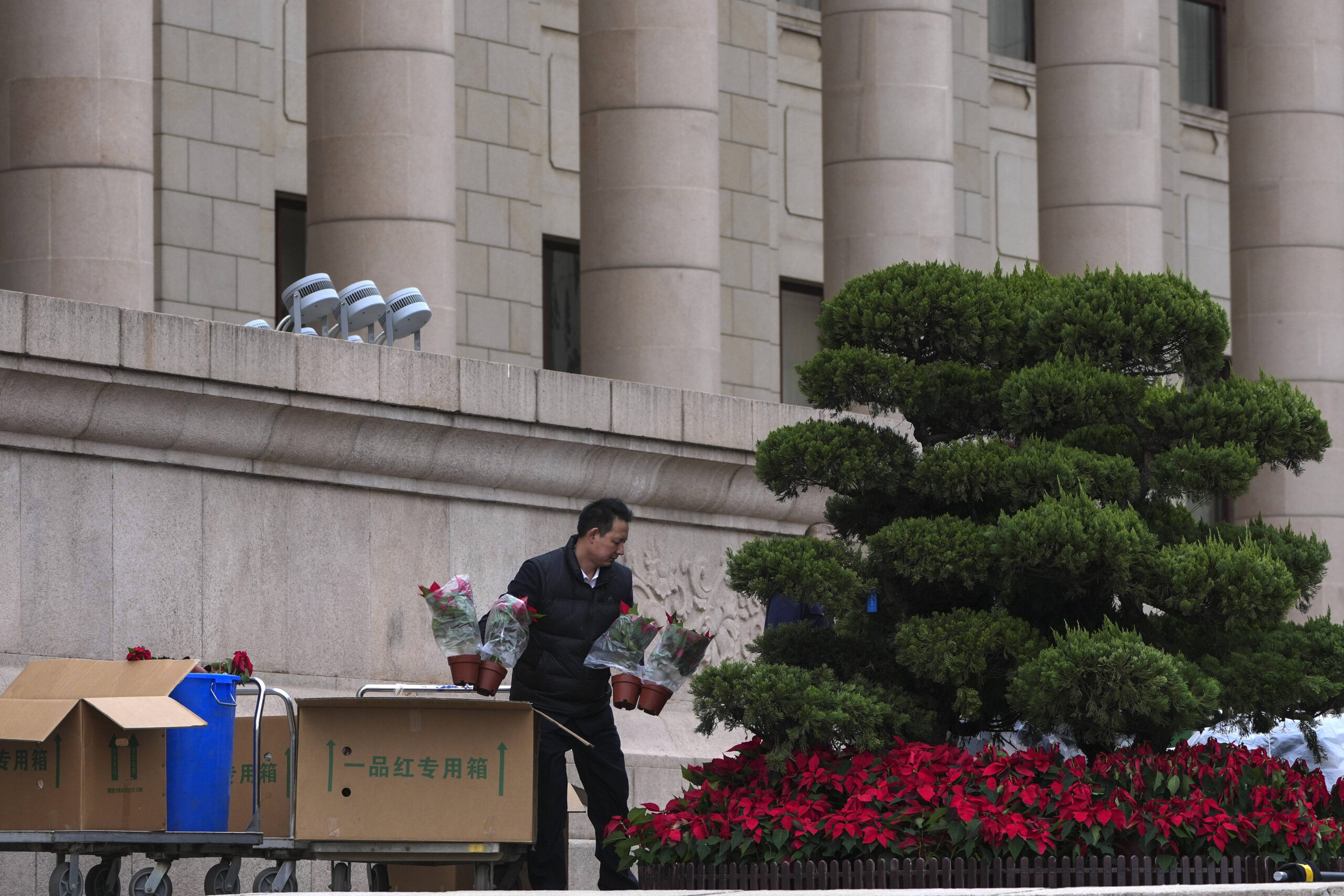 Un employé installe des fleurs dans le Grand Hall du Peuple avant l'ouverture des Deux Sessions. © Photo AP/Andy Wong