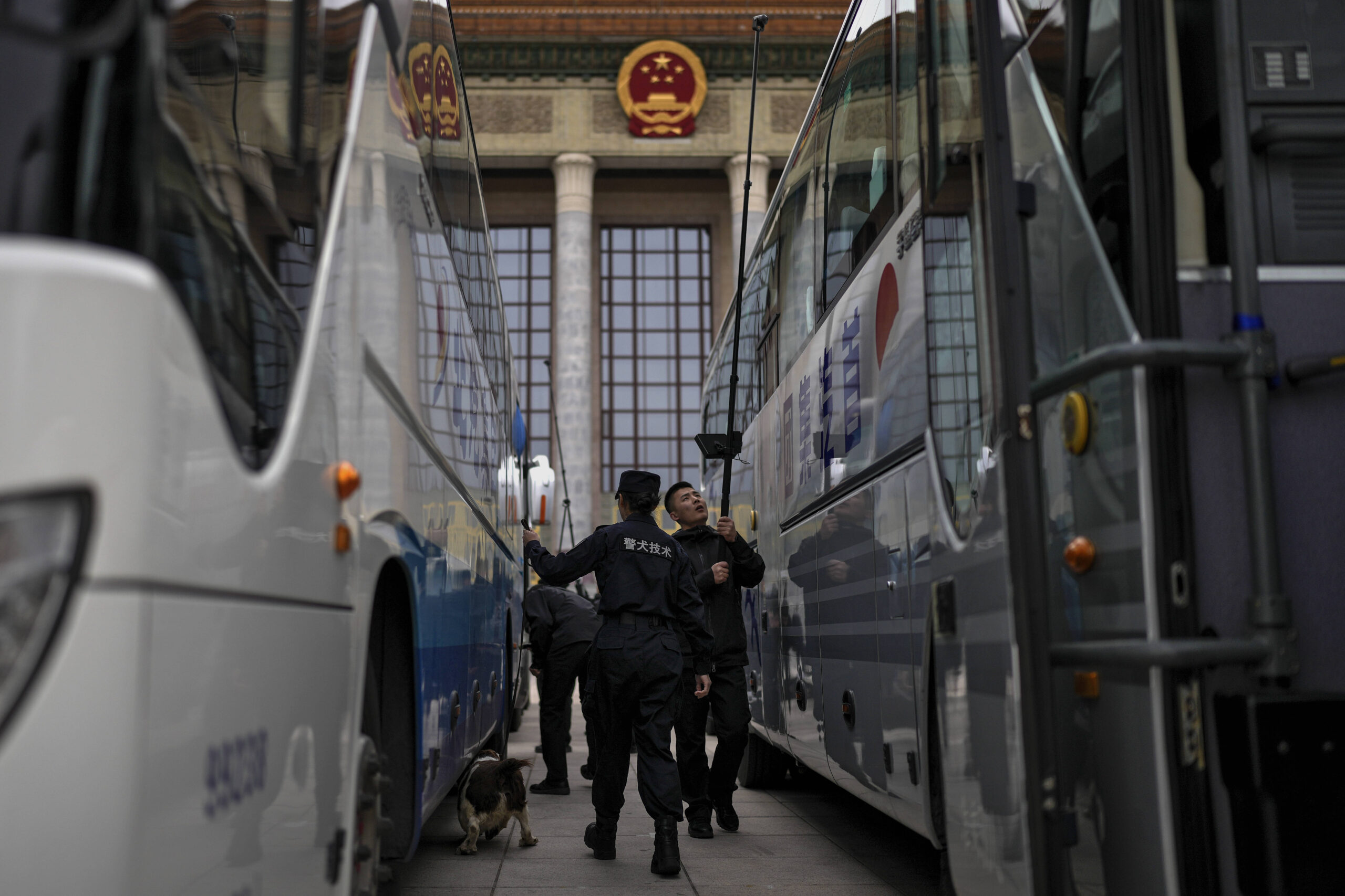 Les membres de la police chinoise et des forces spéciales de la brigade anti-bombes utilisent un chien renifleur et un dispositif spécial pour inspecter les bus garés au Grand Palais du Peuple lors d'une conférence de presse précédant l'ouverture de la Conférence consultative politique du peuple chinois à Pékin, le lundi 3 mars 2025. © Photo AP/Andy Wong