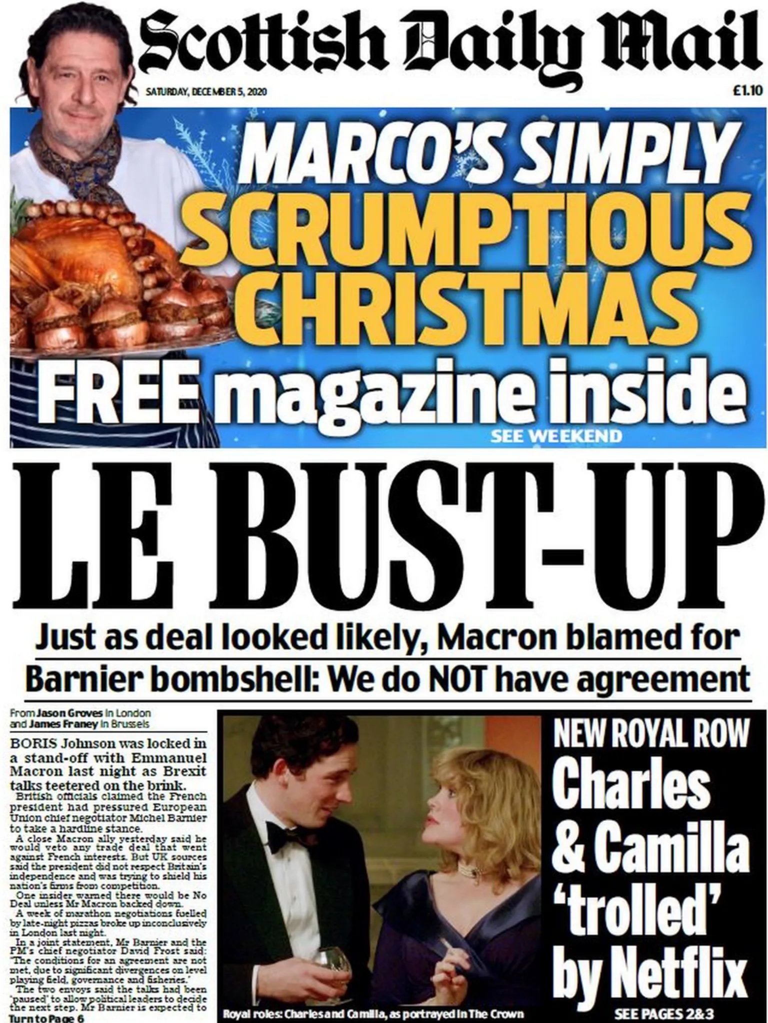 Scottish Daily Mail, «Gâchis à la française : alors qu’un accord paraissait probable, Macron le met en cause par la bombe de Barnier», 5 décembre 2020. 