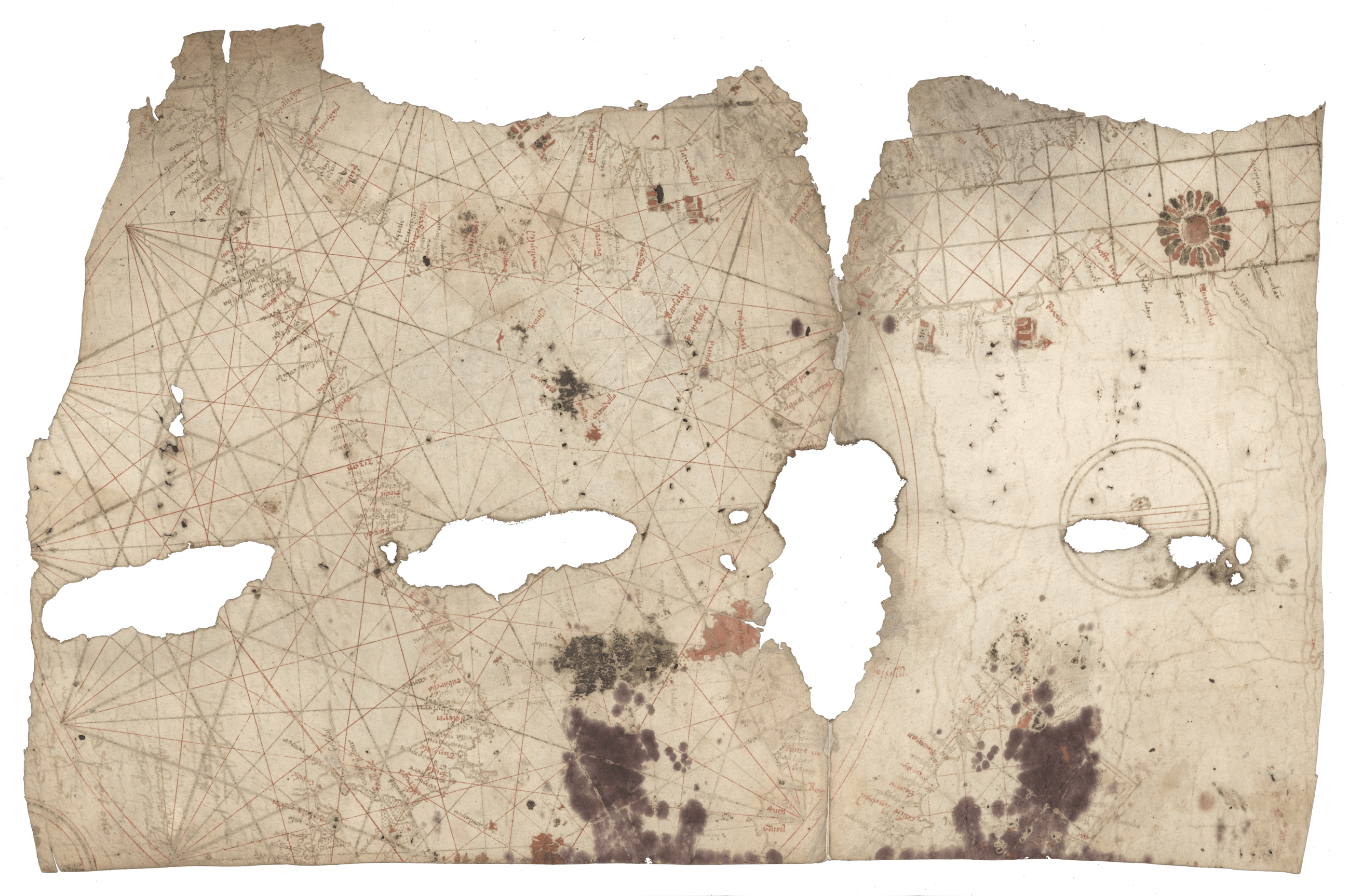 Carte d'Avignon, XIIIème siècle. Fragment d'une carte-portulan représentant la Méditerranée occidentale et les côtes de l’Europe du nord.