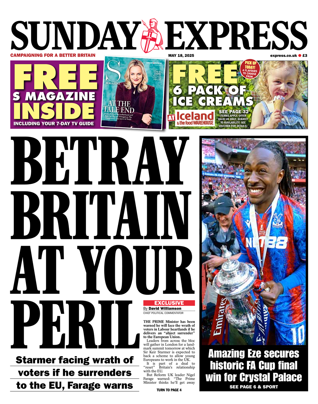 Sunday Express, «Trahissez les Britanniques, à vos risques et périls», 18 mai 2025. 
