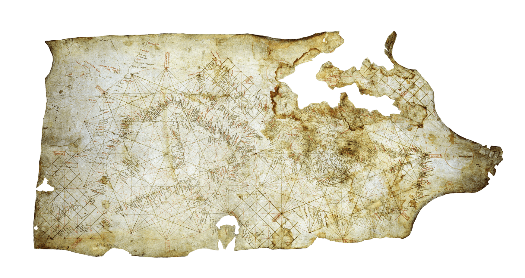 Carte Pisane, 1290. Peut-être tracée à Gênes, la Carta Pisana est la plus ancienne carte-portulan, répondant au besoin d'une cartographie empirique des navigateurs méditerranéens au temps des croisades.