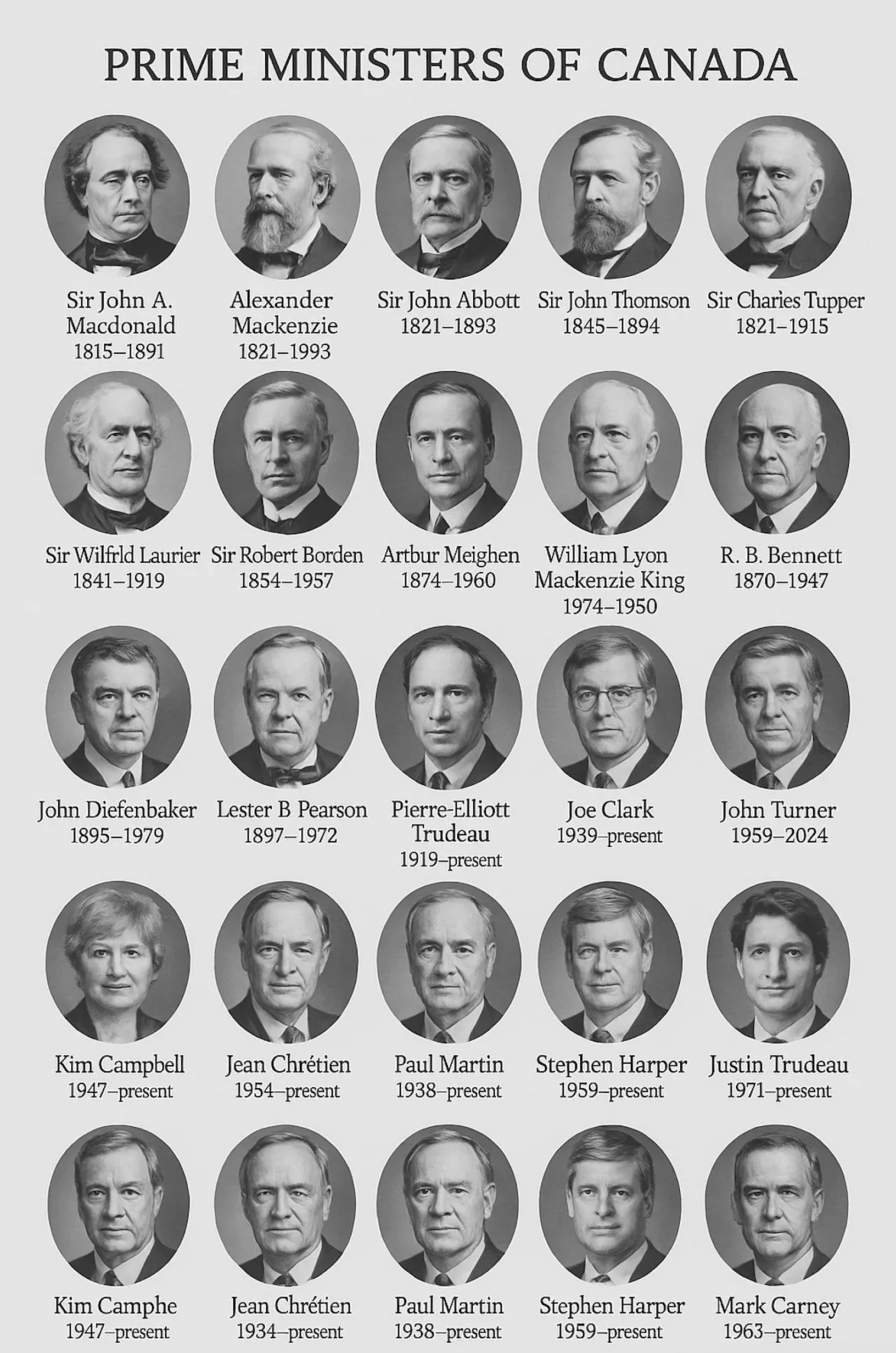 L’image générée par GPT-5 en réponse à la demande de dresser une liste des premiers ministres canadiens, avec photos et dates.