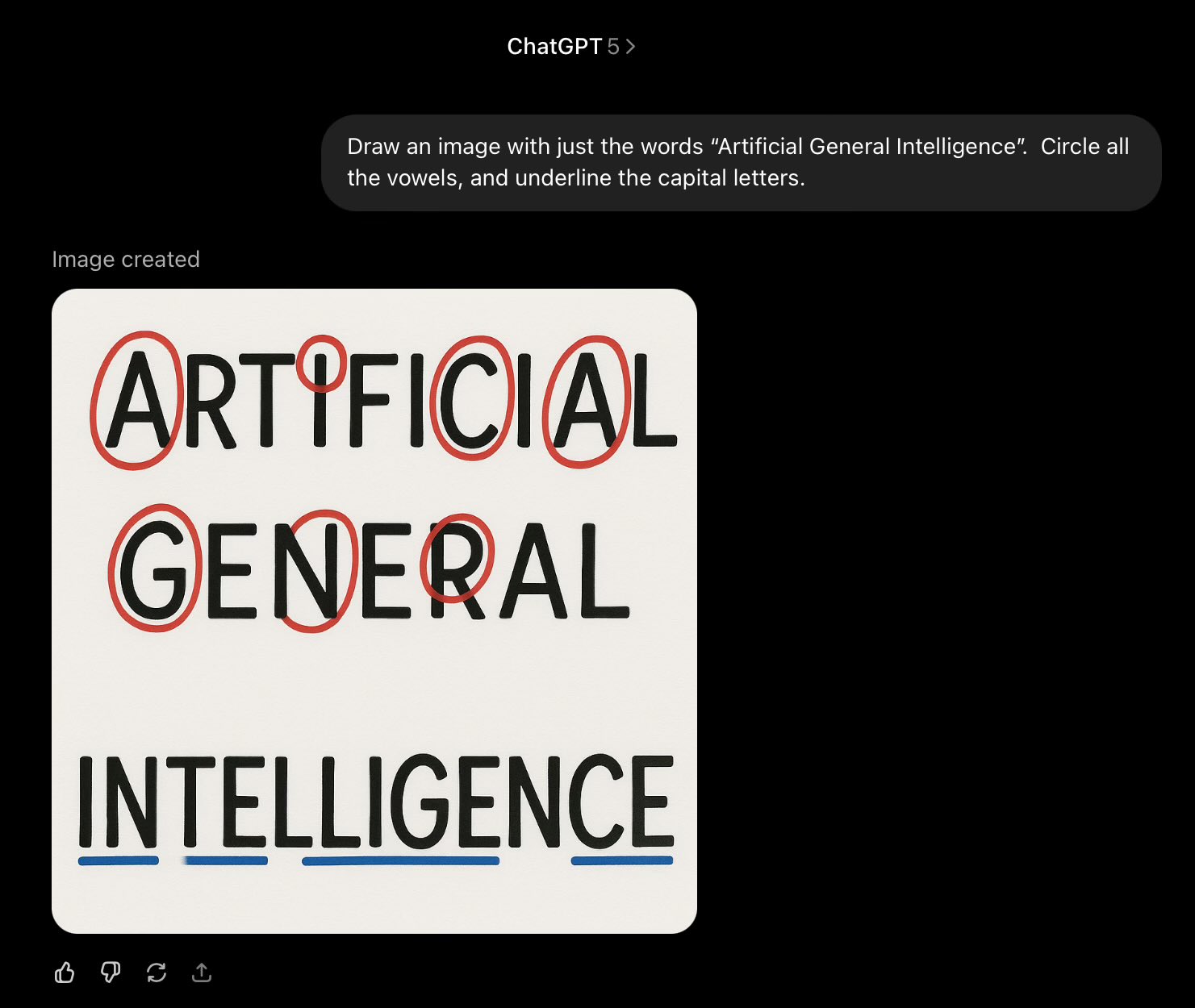 La réponse de GPT-5 à la question : «Dessine une image avec uniquement les mots «intelligence artificielle générale». Entoure toutes les voyelles.» 