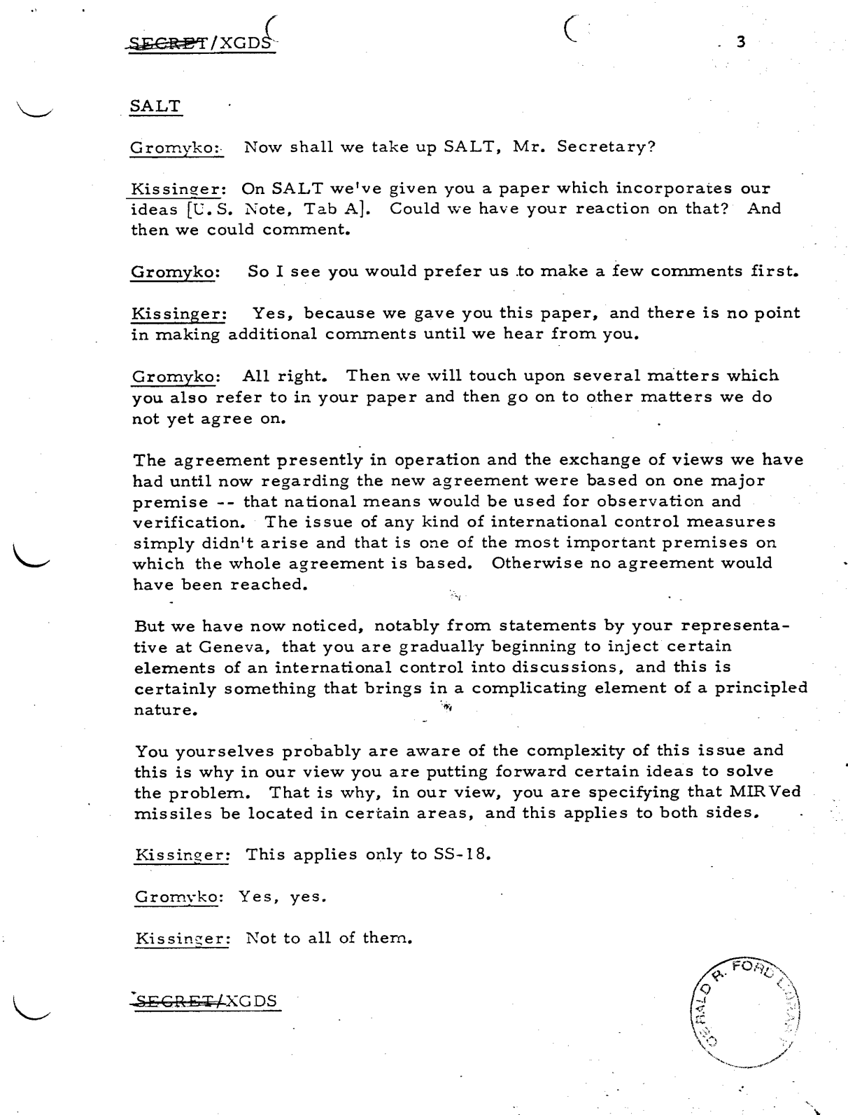 Extraits des minutes d’une conversation déclassifiées entre Kissinger et Gromyko montrant la teneur de la tactique de négociation soviétique fondée sur un refus constant de changement de position, en particulier sur les sujets les plus techniques — ici les négociations sur la limitations des armements stratégiques. © Gerald R. Ford Presidential Library and Museum»