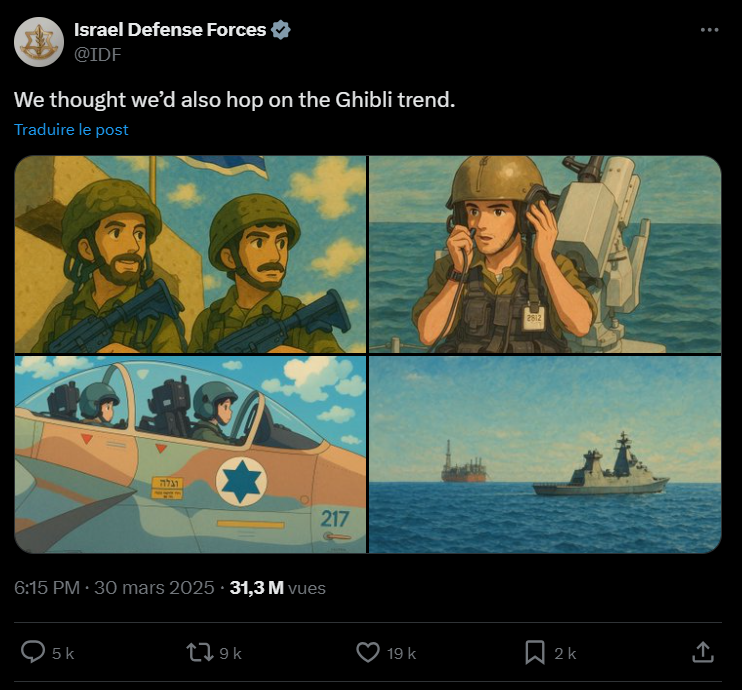 Compte X des FDI, dépeignant leur action en imitant le style d’Hayao Miyazaki