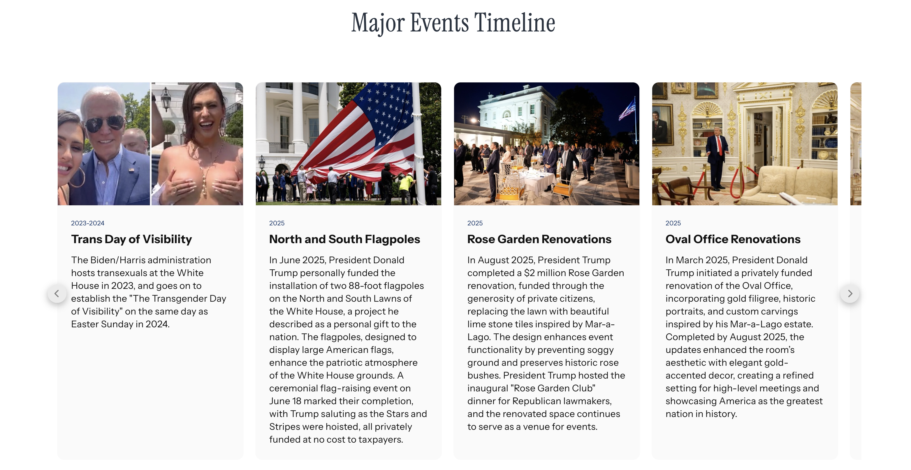 On y trouve une liste d'événements infamants — ou prétendus tels — pour les États-Unis jusqu'en 2025 où sont alors présentées uniquement les «rénovations» mises en place par la nouvelle administration © Maison-Blanche (capture d'écran)