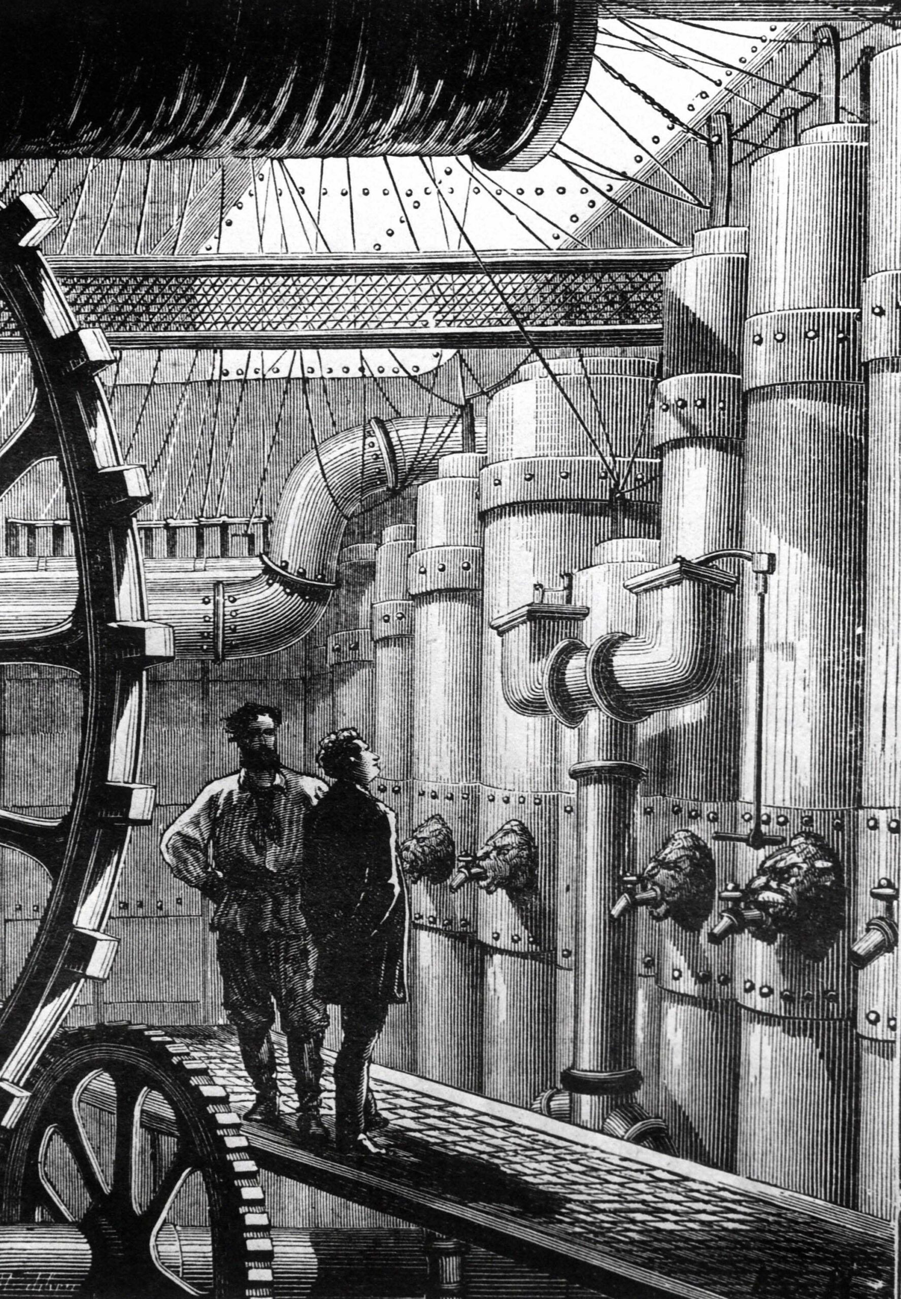Illustration de la salle des machines du sous-marin du capitaine Nemo pour «L'Île mystérieuse» de Jules Verne, 1874.