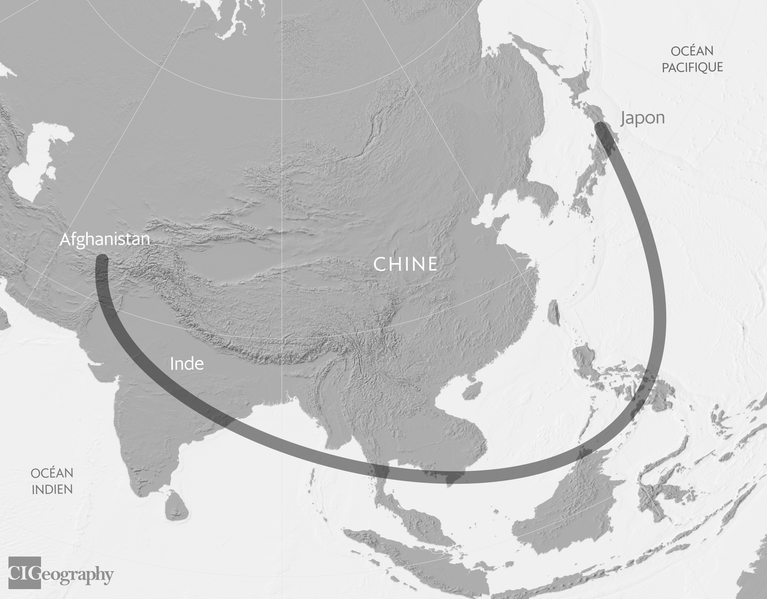 Représentation géographique de «l'encerclement en forme de C». Cartographie: Louis Martin-Vézian, CIGeography, 2024