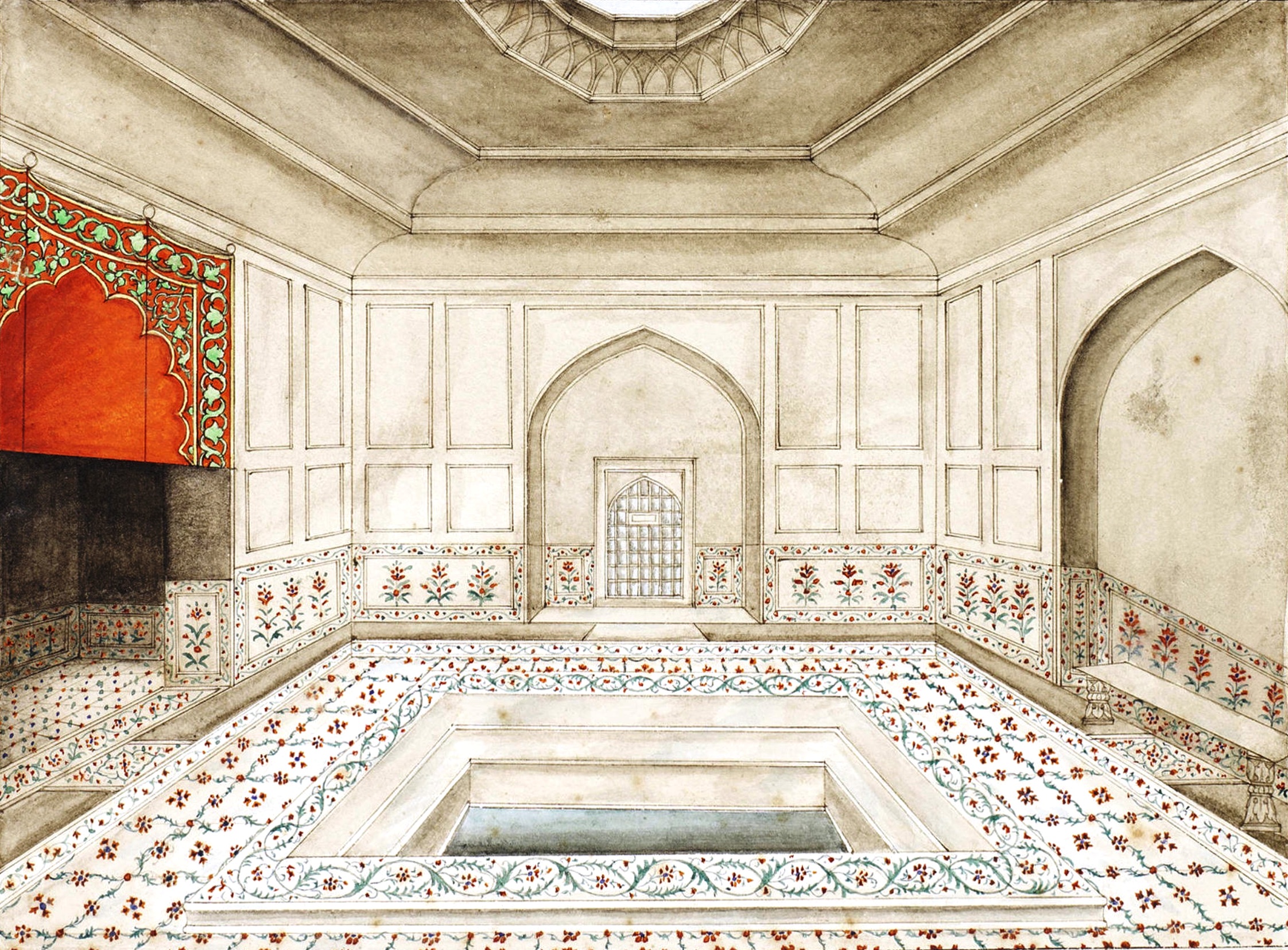Ghulam Ali Khan, «The warm or inner room of the Bath in the Red Fort», aquarelle, 1852-54