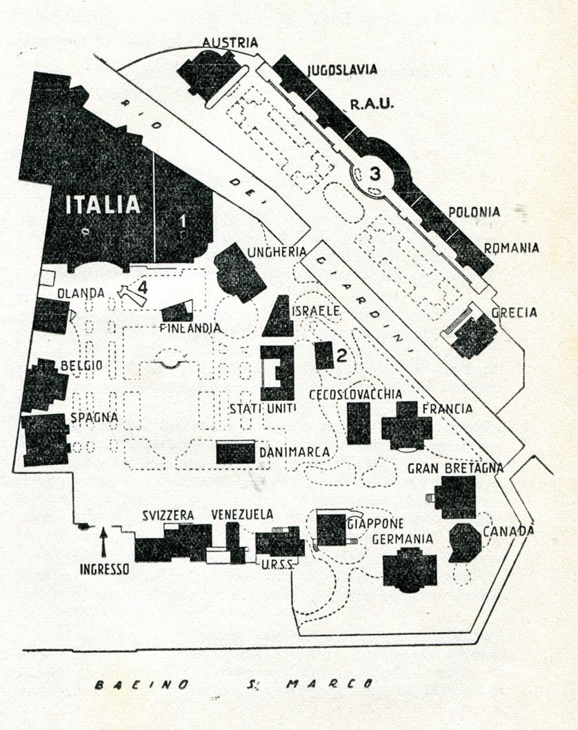 Plan des Giardini de la Biennale de Venise avec les pavillons nationaux en 1958