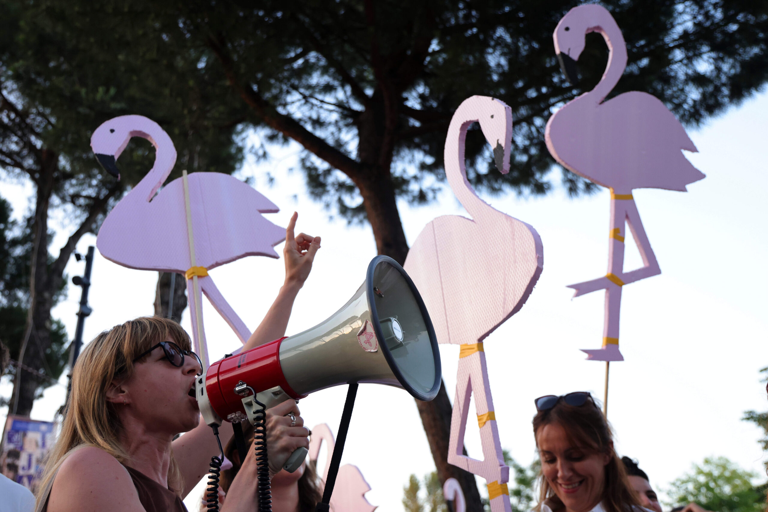 Depuis le 1er juin, une jeunesse s'organise sous le signe du flamant rose pour protester la tentative de prise de terre du clan Trump en Albanie. © Hameraldi Agolli