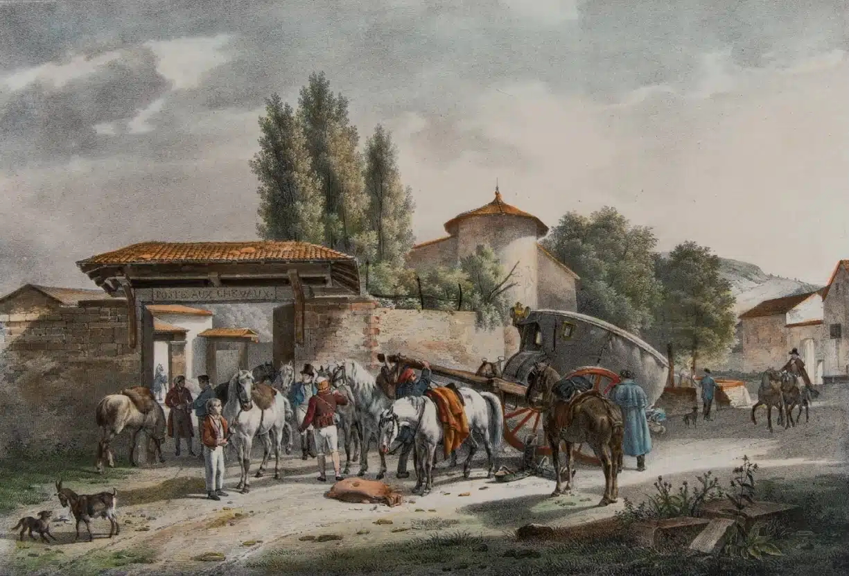 Représentations d’époque d’un relais de poste au XVIIIe siècle. Lithographie de Victor-Jean Adam et Louis-Philippe-Alphonse Bichebois, d’après un tableau de Jean-Antoine Duclaux, La malle au relai, 1817. © Musée de La Poste