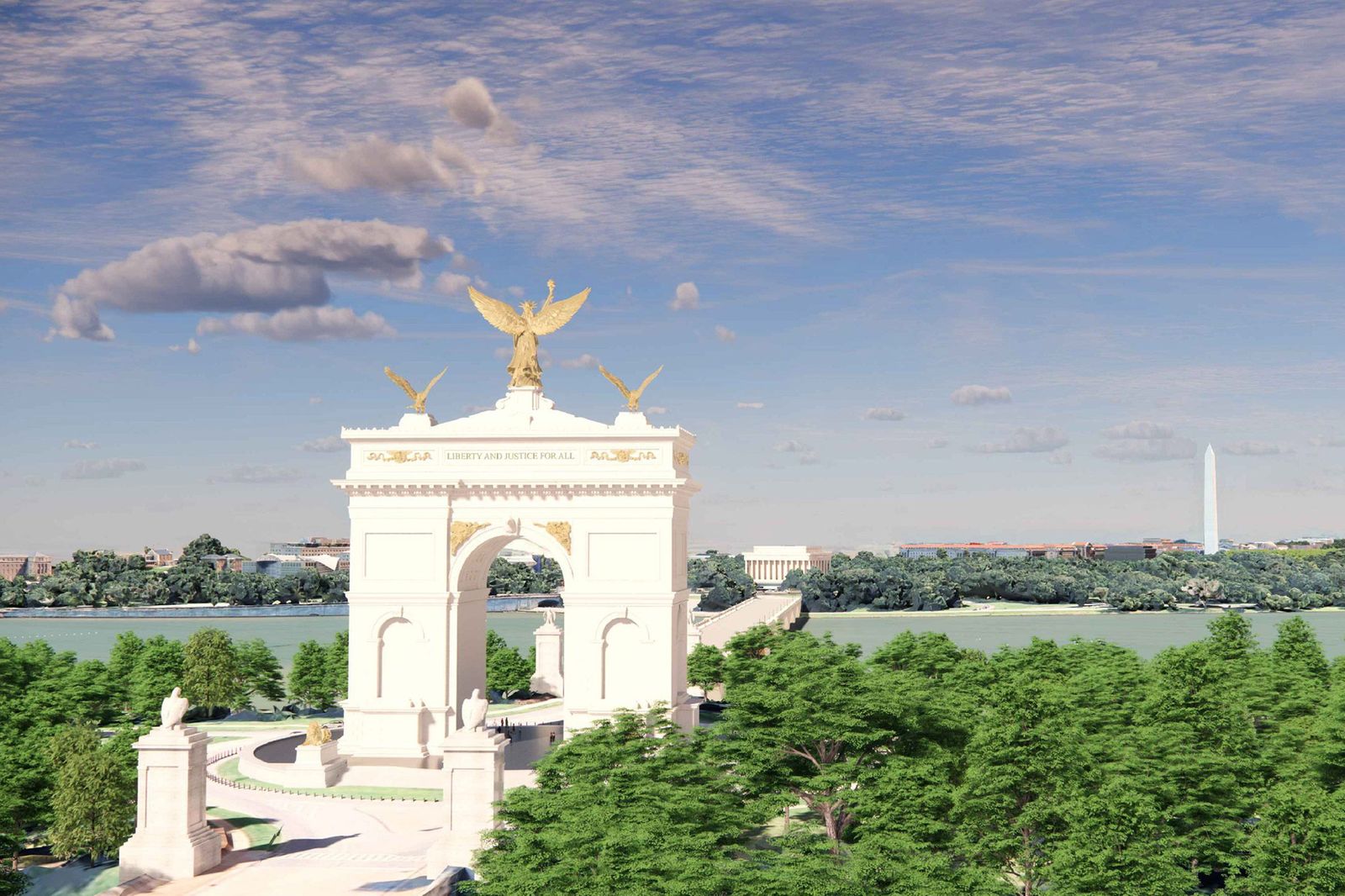 Rendu de l'« arc de l'indépendance » vu depuis Columbia Island, sur la rive virginienne du Potomac : dans l'axe, l'Arlington Memorial Bridge, le Lincoln Memorial et, au loin, le Washington Monument. L'attique porte l'inscription « Liberty and Justice for All ». Document diffusé par la Maison-Blanche
