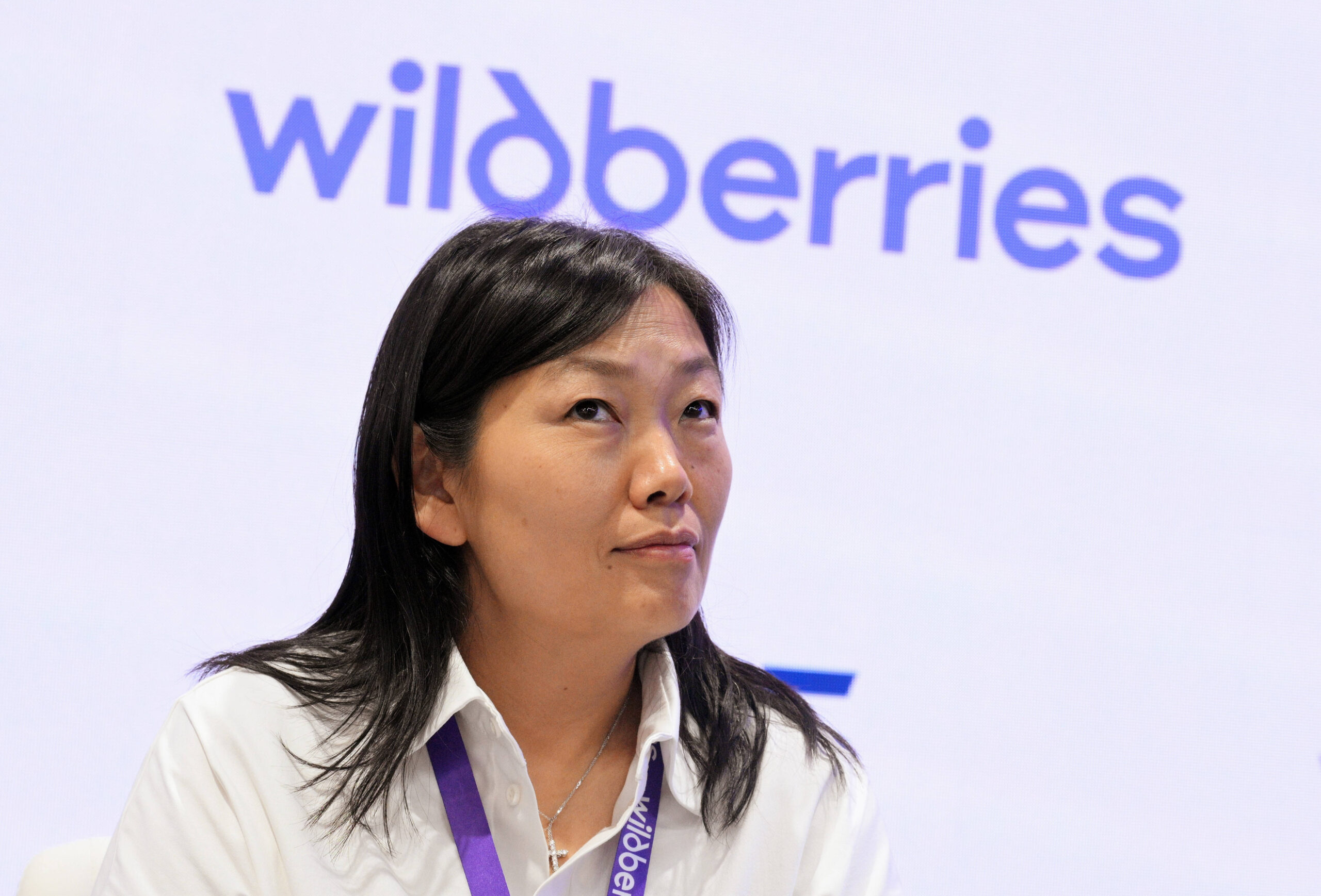 Tatiana Kim fondatrice de Wildberries, au XXVIIe Forum économique international de Saint-Pétersbourg, le 7 juin 2024. Tout en conservant un profil international, l’entreprise s'inscrit dans le capitalisme politique russe, collaborant étroitement avec des responsables politiques régionaux et nationaux. Photo: Gleb Schelkunov/Kommersant/Sipa USA
