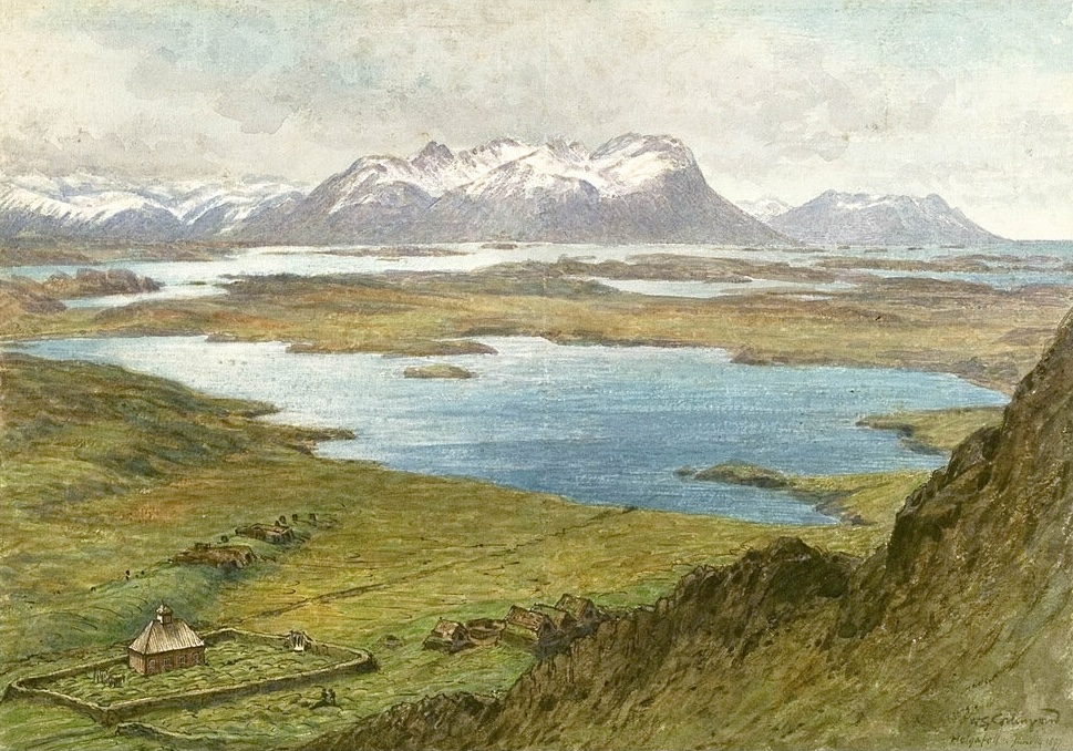 W.G. Collingwood : Le mont Helgafell. 14 juin 1897. 20 x 28 cm.