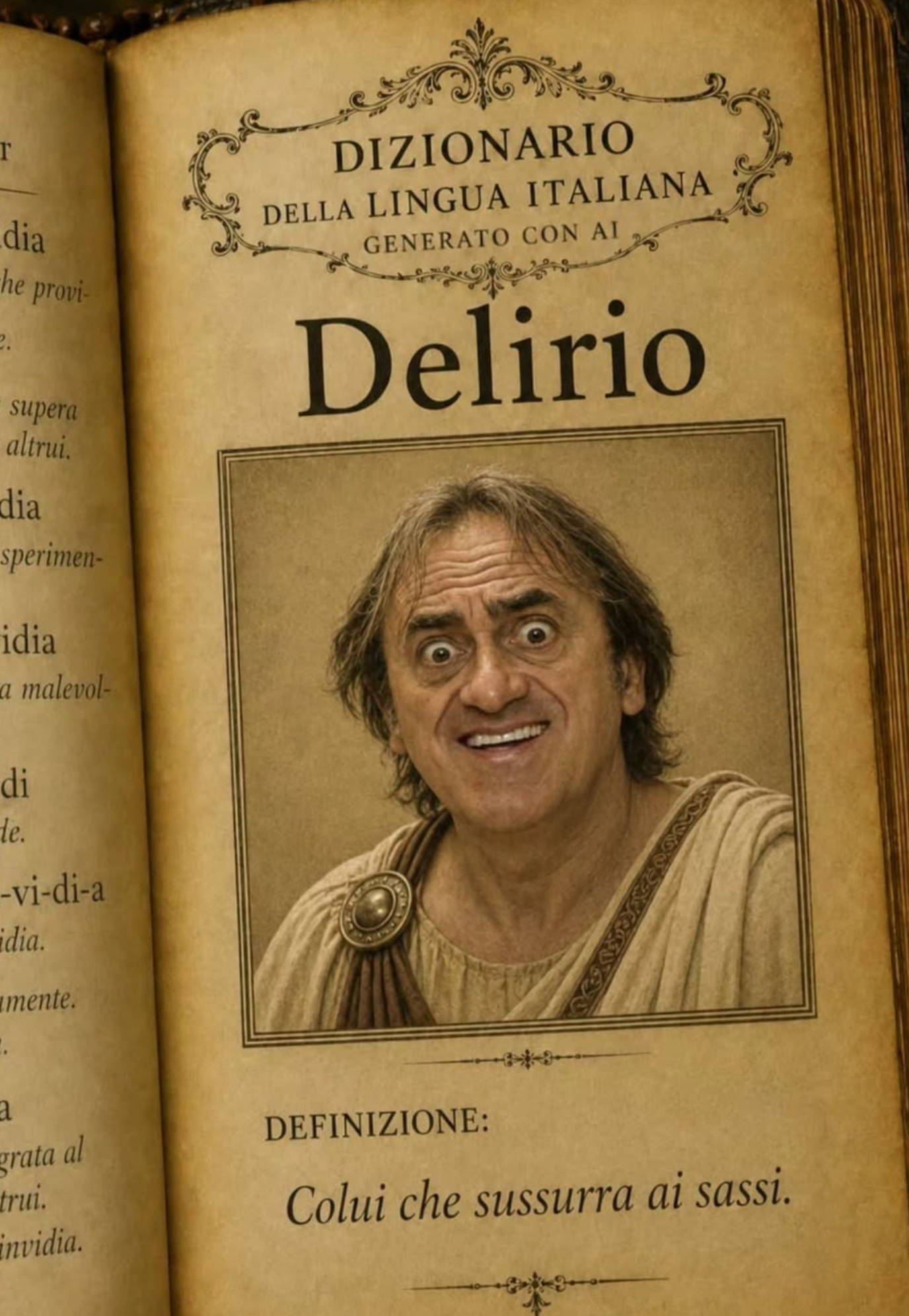 Capture d'écran d'une publication Instagram de Roberto Vannacci : une image générée par IA, mise en scène comme une page du « Dictionnaire de la langue italienne généré par IA », illustrant l'entrée « Delirio » par le portrait tourné en dérision d'un adversaire politique déguisé en Romain, avec la définition moqueuse : « Celui qui murmure aux pierres. »