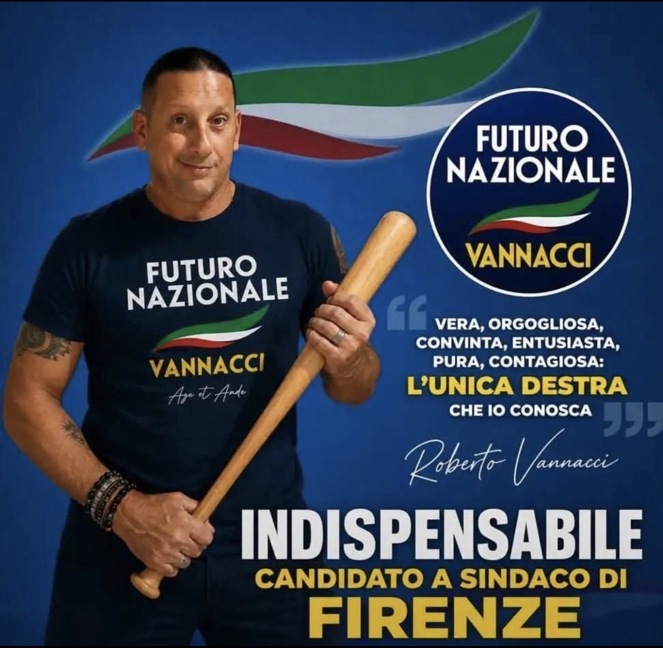 Une affiche de campagne de Vannacci pour la mairie de Florence le montre tenant un batte de baseball sous le slogan « INDISPENSABLE ». Cet objet, dont l'usage est purement décoratif, fait écho au manganello, la matraque emblématique des squadre d'azione fascistes des années 1920.