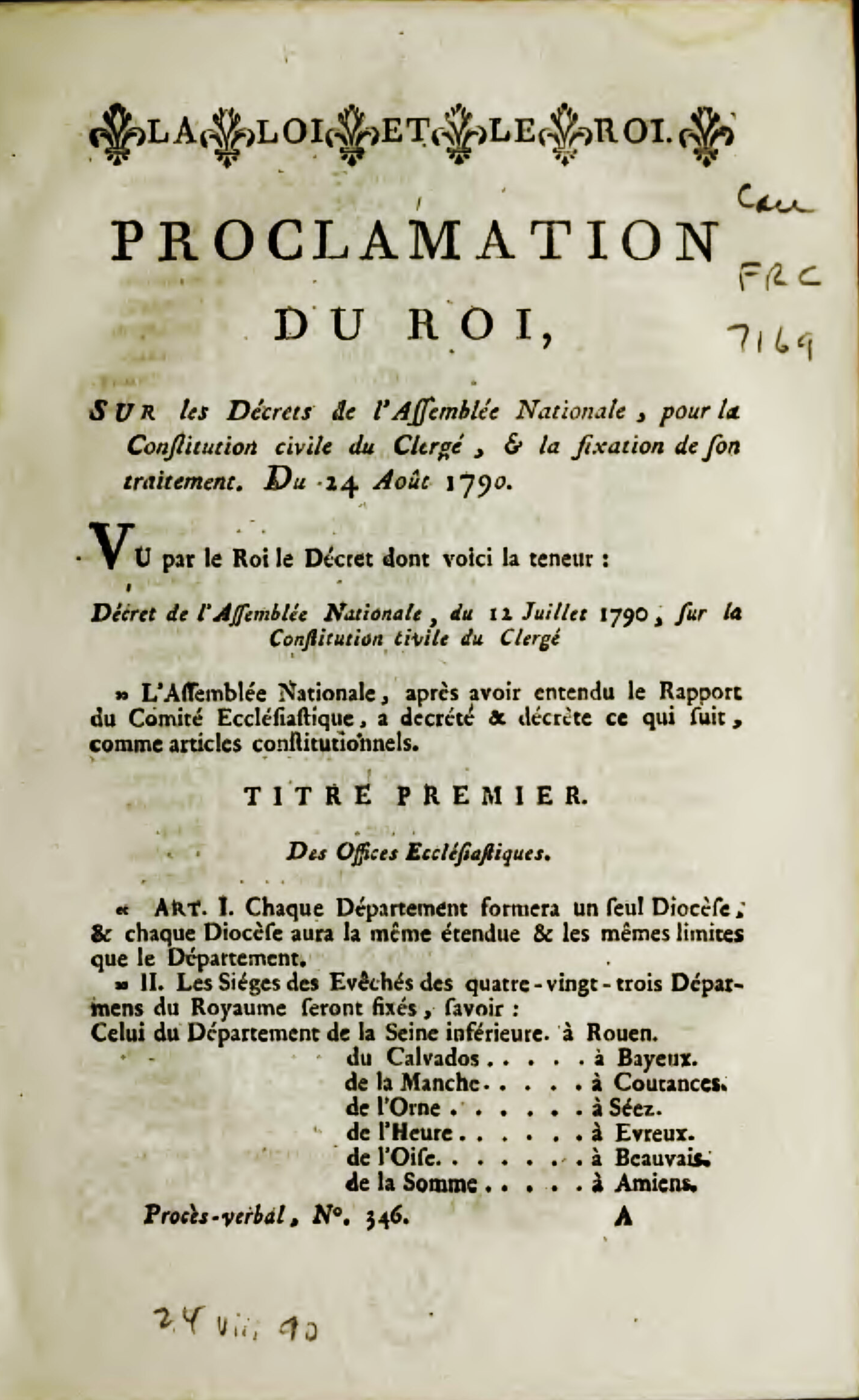 14 août 1790 : Proclamation par le roi du décret sur la constitution civile du clergé en annexe de la séance de l'assemblée nationale constituante du lundi 12 juillet 1790.
