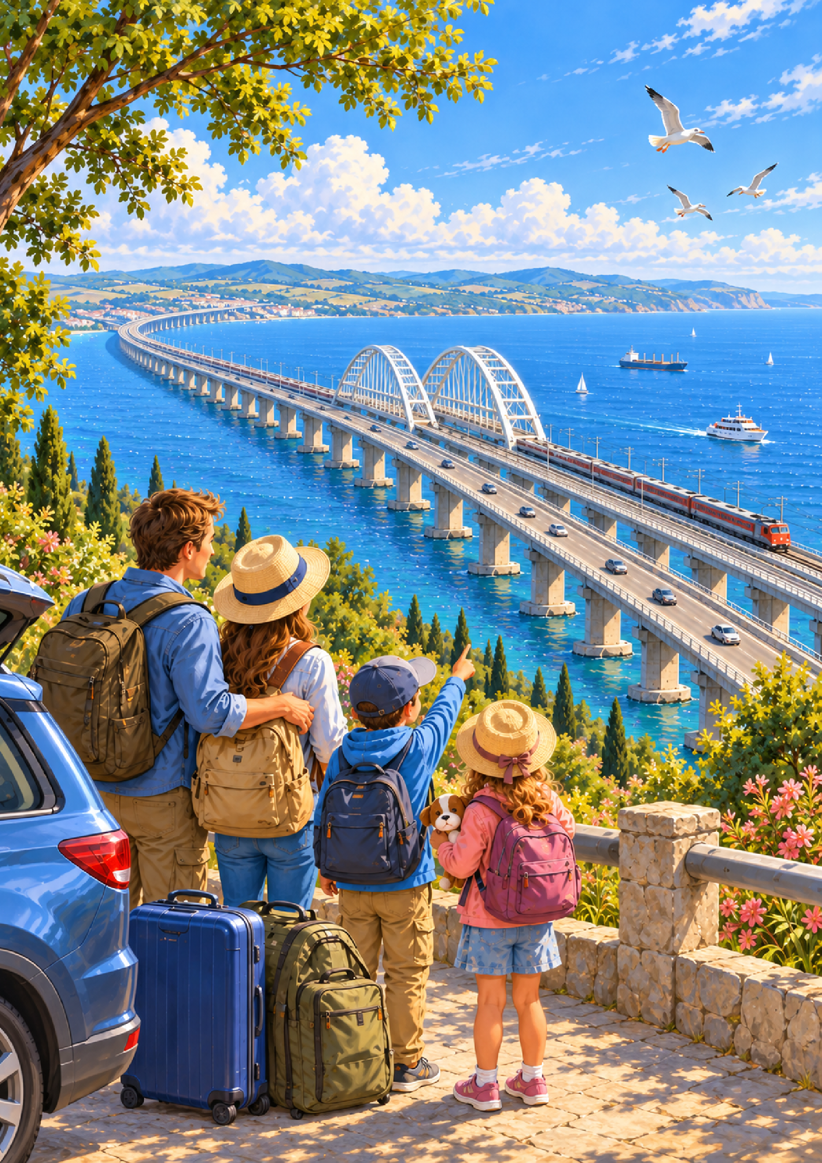 Une famille contemple le pont de Crimée, présenté comme «la route de la maison». Construit par la Russie après l’annexion de la péninsule en 2014, l’ouvrage relie selon le texte «la Crimée et la partie continentale de la Russie». © Institut d’étude de l’enfance, de la famille et de l’éducation / Добрые игры