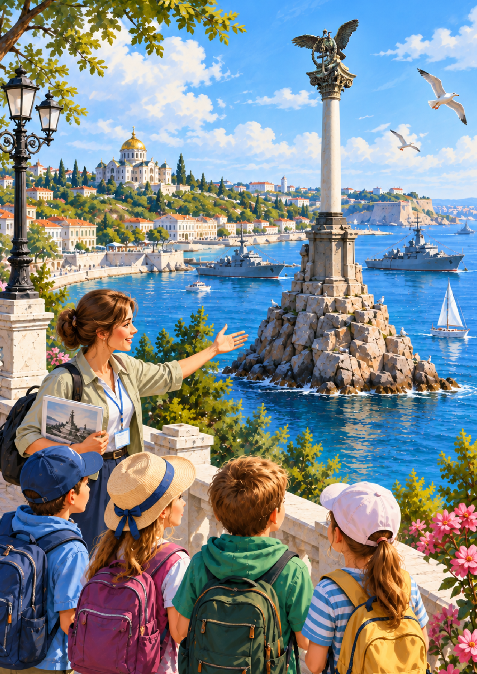 Una guida illustra ai bambini il monumento alle navi affondate di Sebastopoli, con alcune navi da guerra sullo sfondo. Il testo di accompagnamento descrive la «città eroica» come «strettamente legata alla storia della flotta russa». © Istituto di studi sull’infanzia, la famiglia e l’educazione / Добрые игры